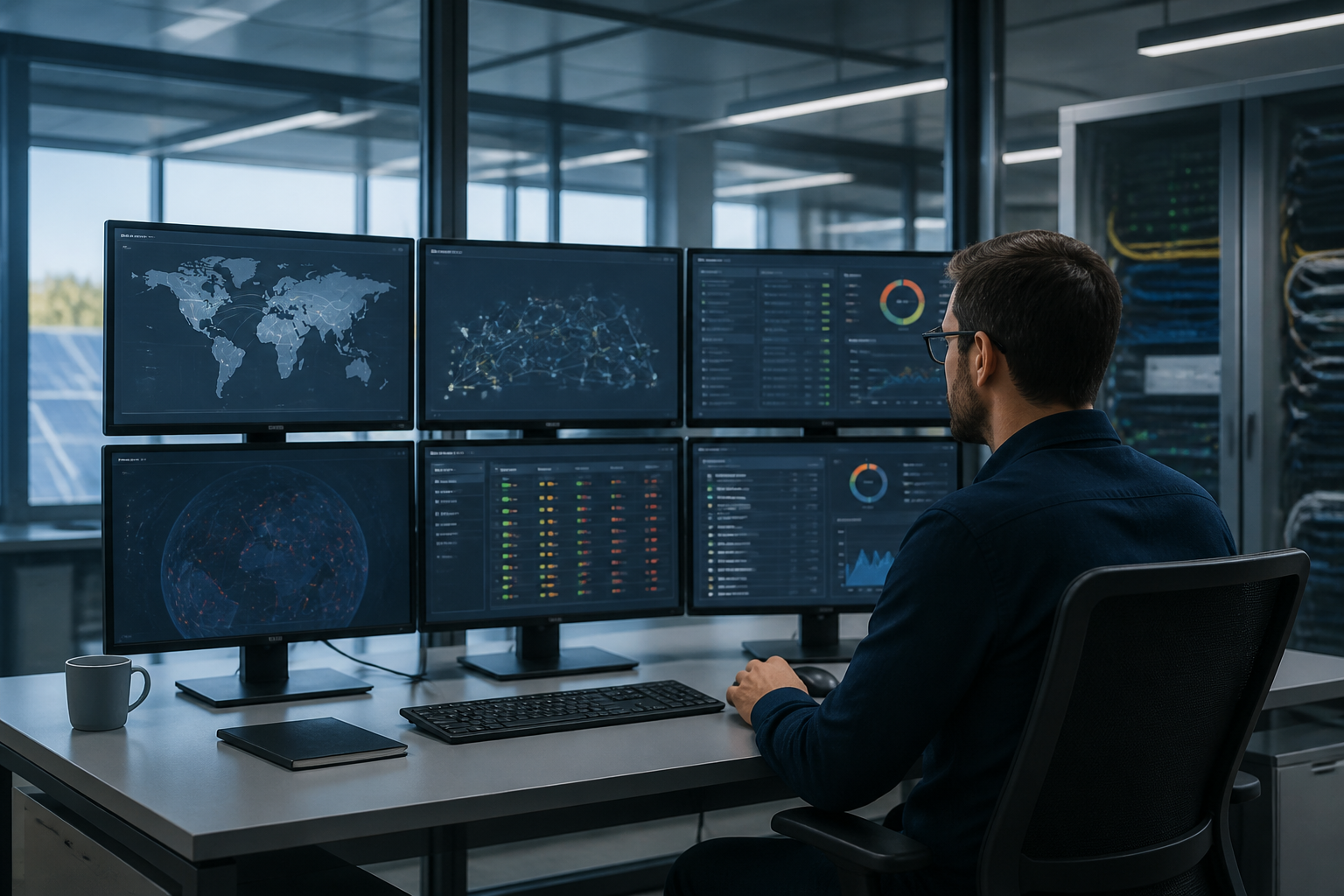 Technicien IT analysant des incidents réseau et support sur plusieurs écrans pour identifier une cause racine dans un environnement multisite