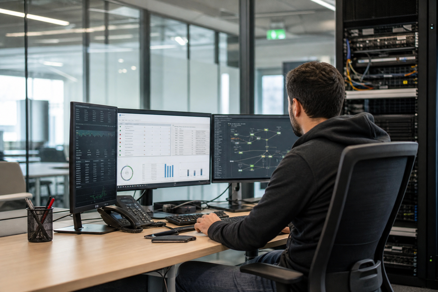 Technicien support informatique analysant des incidents récurrents sur plusieurs écrans dans un environnement PME avec réseau et tickets helpdesk