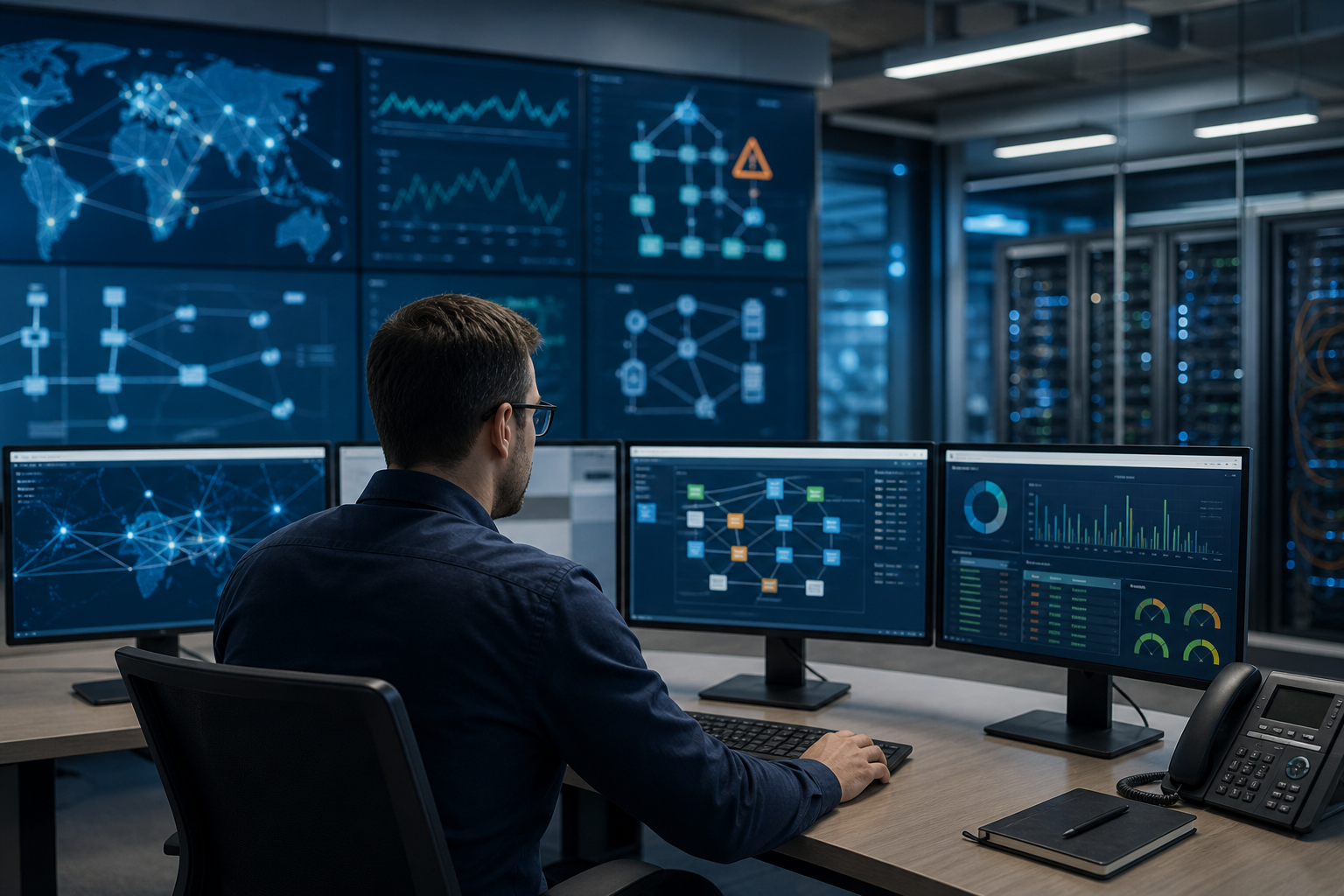 Responsable informatique analysant les points de rupture d’un réseau multi-sites avec supervision des connexions, VPN et services critiques en entreprise