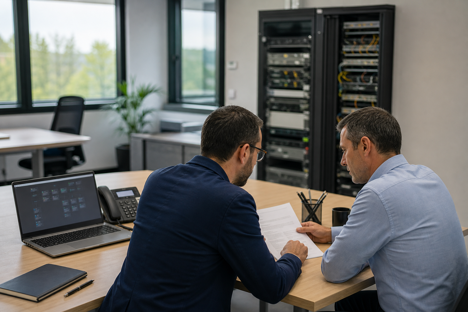 Responsable informatique de PME analysant un contrat d’infogérance avec inventaire réseau, postes utilisateurs et équipements critiques dans un environnement de bureau professionnel