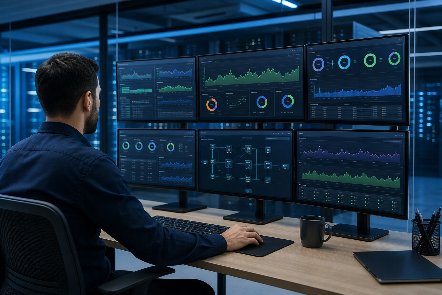 Responsable informatique analysant les performances et le cycle de vie d’un serveur sur des écrans de supervision