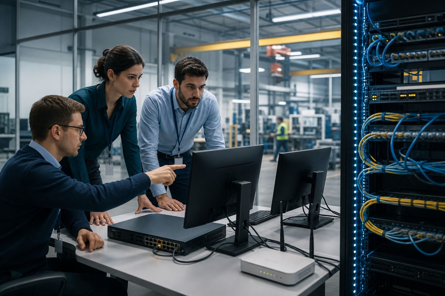 Équipe IT analysant une panne réseau en environnement industriel avec identification d’un point de rupture unique sur un site distant