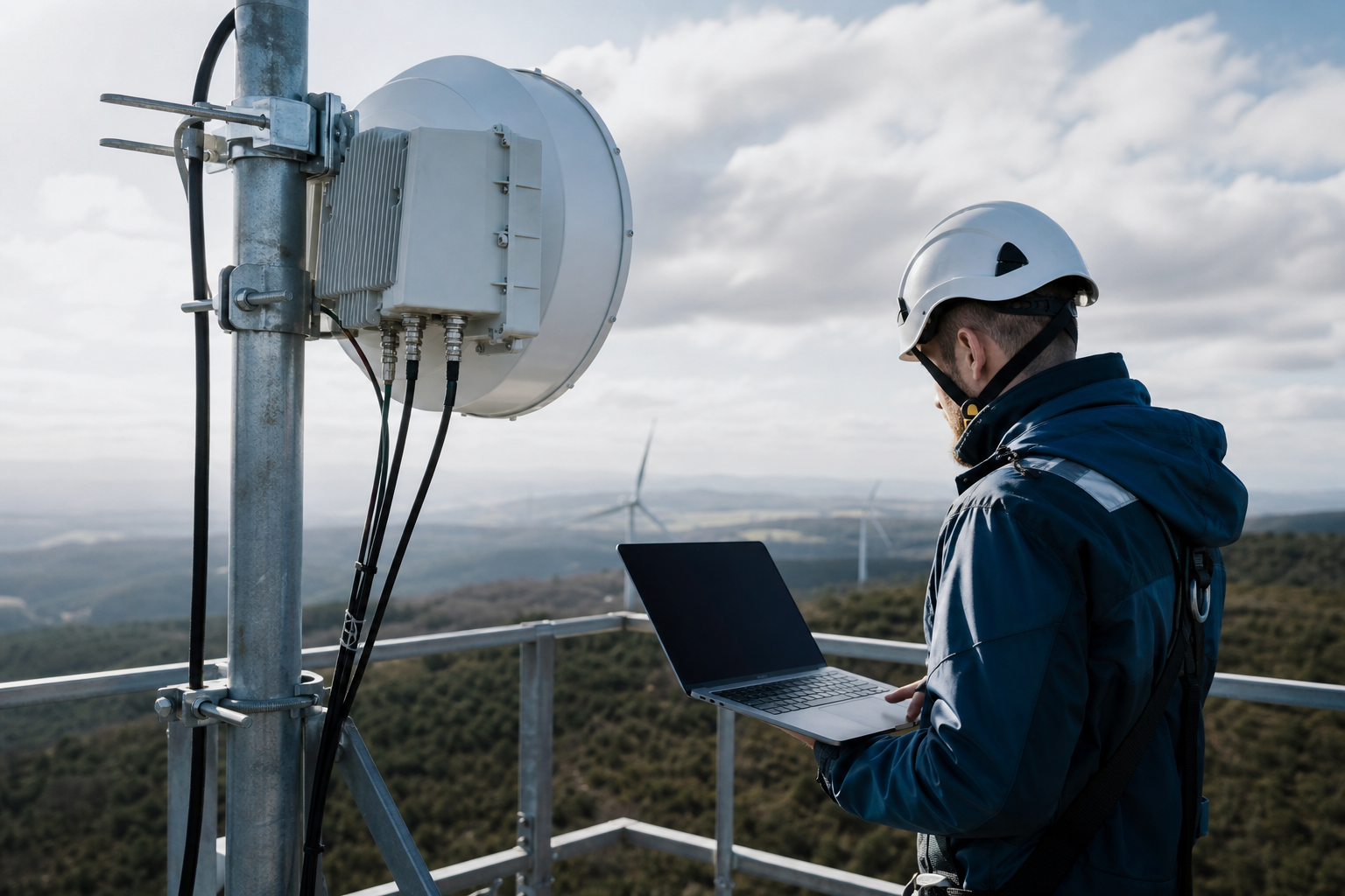 Technicien analysant la connectivité mobile et la qualité du signal d’un équipement industriel sur site distant