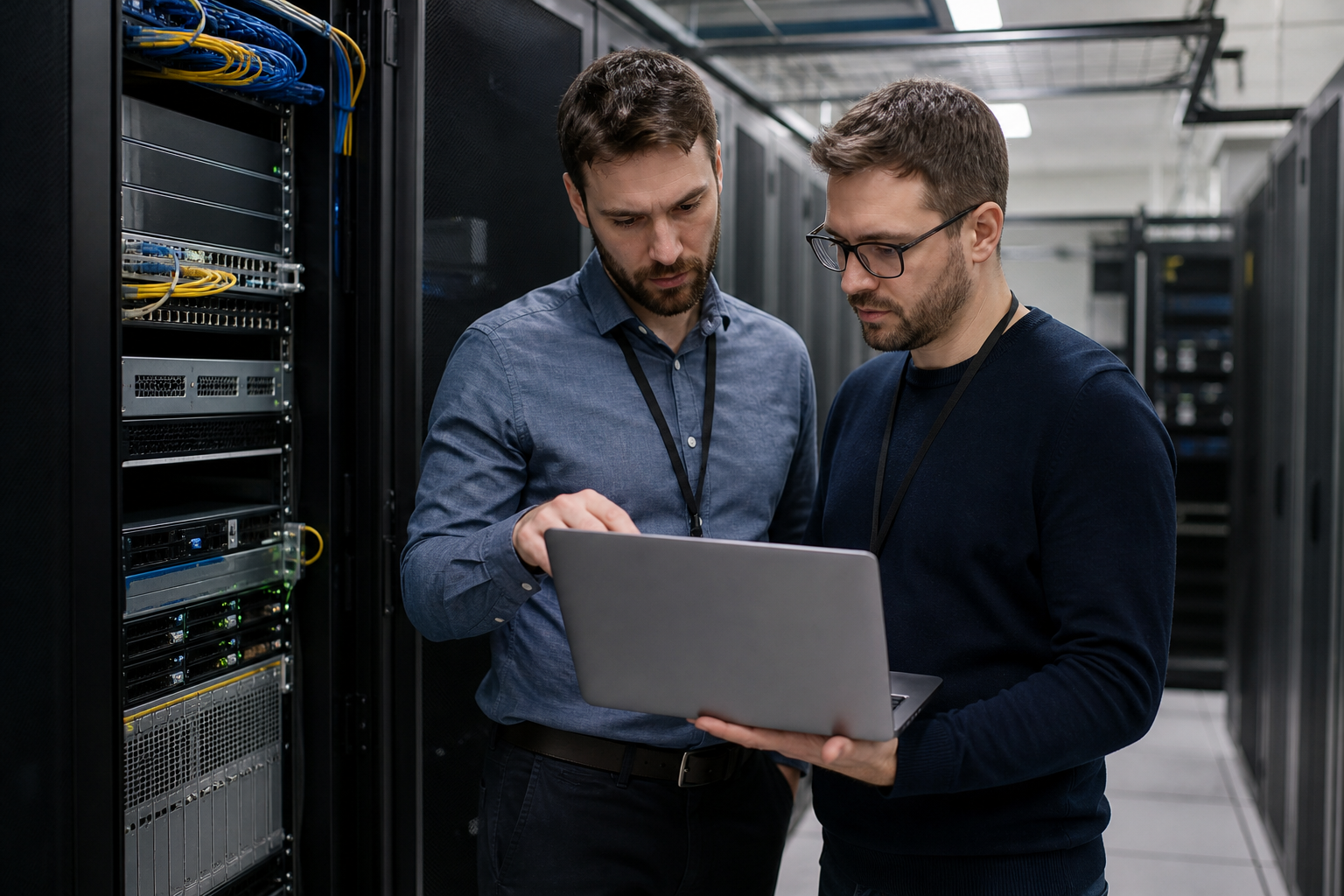 Équipe technique en environnement multisite préparant le renouvellement d’un firewall et d’équipements réseau pour sécuriser l’infrastructure
