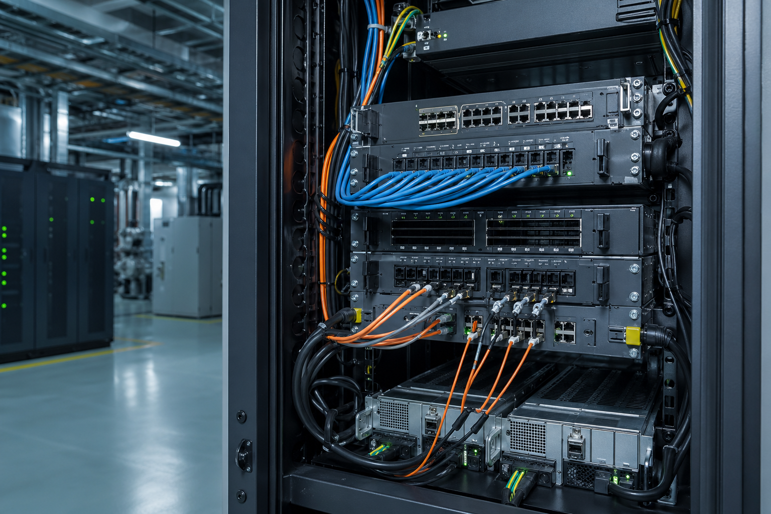 Baie réseau avec routeur industriel, redondance de liaison et supervision pour sécuriser la connectivité multi-sites en environnement technique