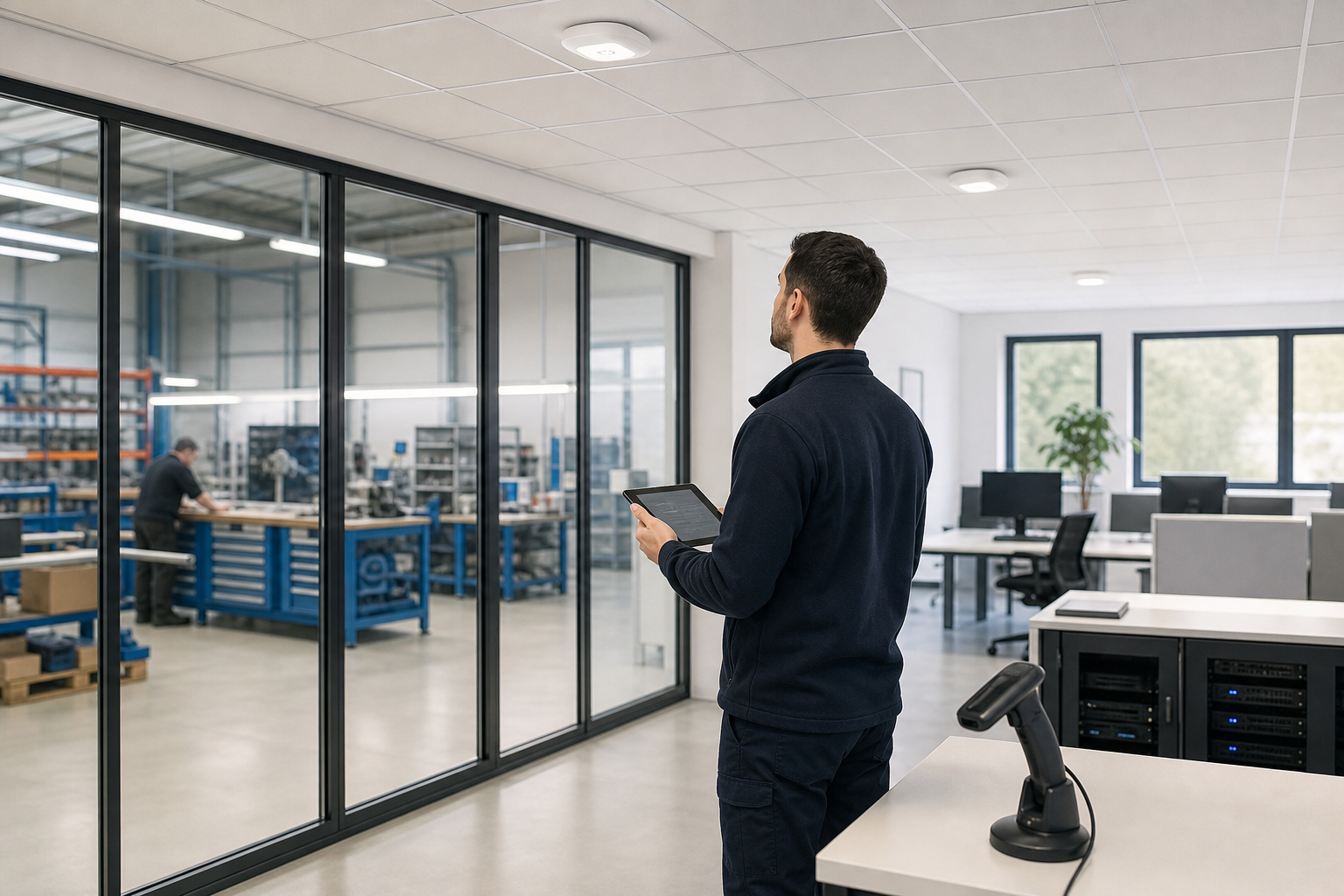 Technicien réseau analysant la couverture WiFi dans des bureaux et un atelier de PME avec plusieurs bornes professionnelles au plafond
