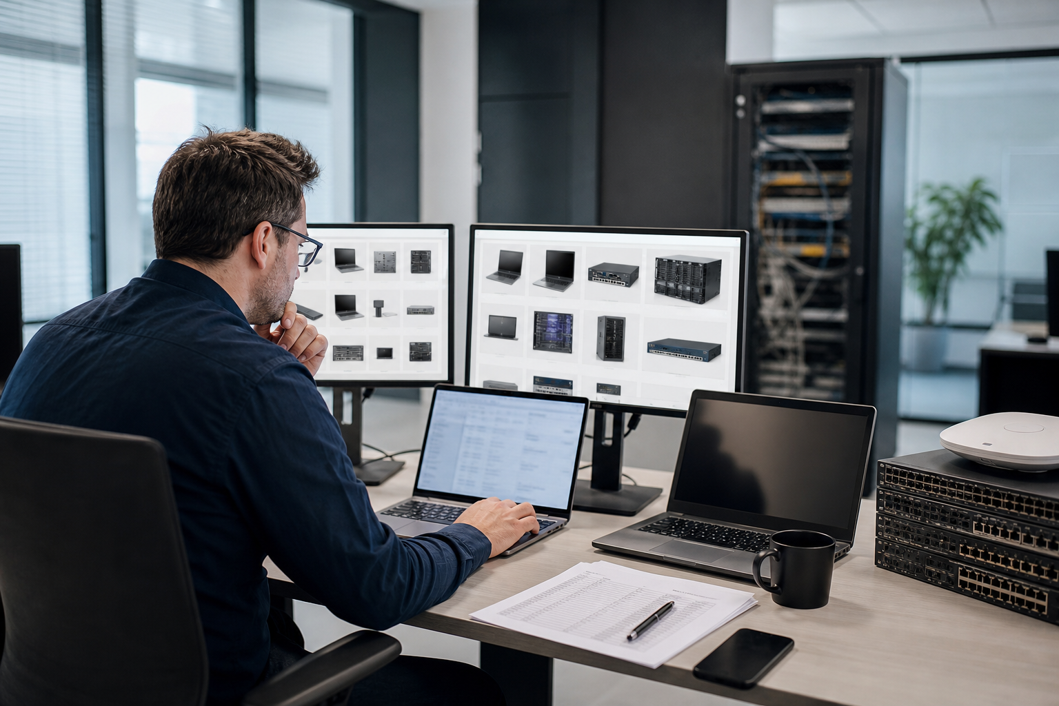 Responsable informatique PME analysant un inventaire de parc IT avec postes de travail, licences Microsoft 365 et équipements réseau dans un environnement professionnel