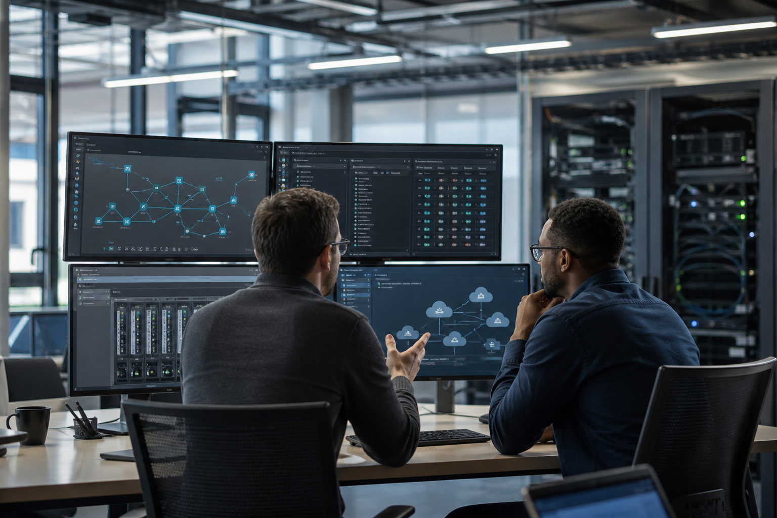 Audit de réversibilité IT dans une PME avec inventaire des accès administrateurs, équipements réseau et services cloud sur plusieurs écrans