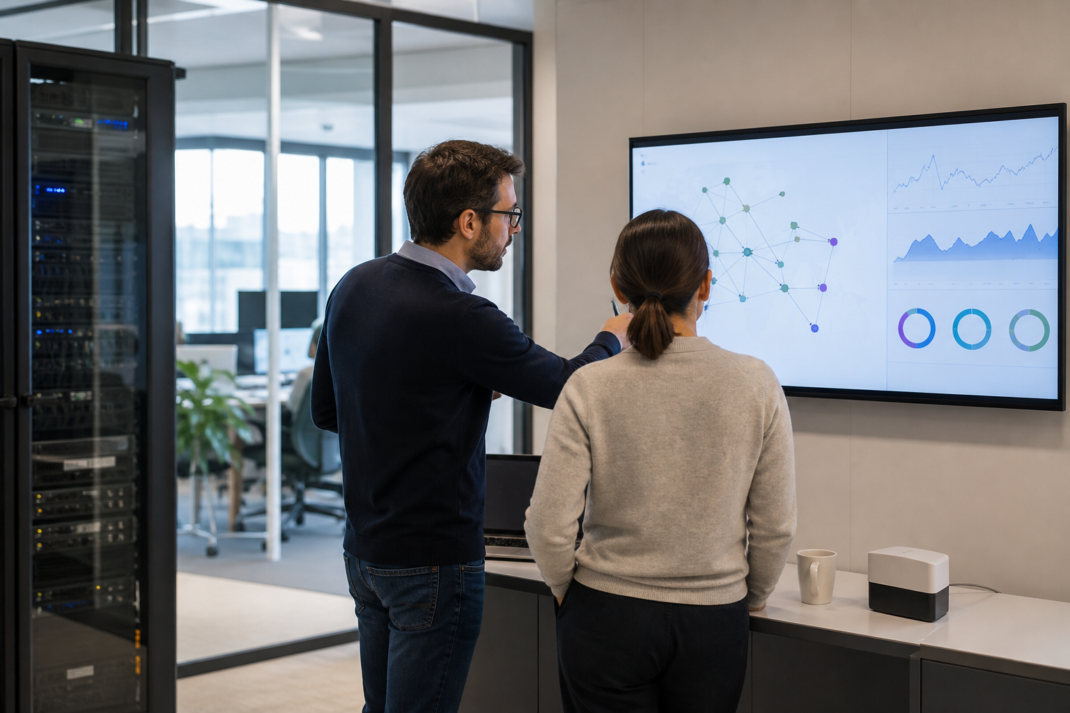 Responsable informatique PME analysant les usages critiques et la continuité Internet sur un tableau de bord réseau en environnement de bureau
