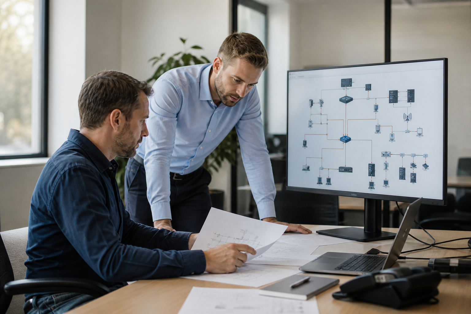 Responsable informatique analysant un contrat d’infogérance et la cartographie des équipements d’une PME multisite dans un environnement de bureau professionnel