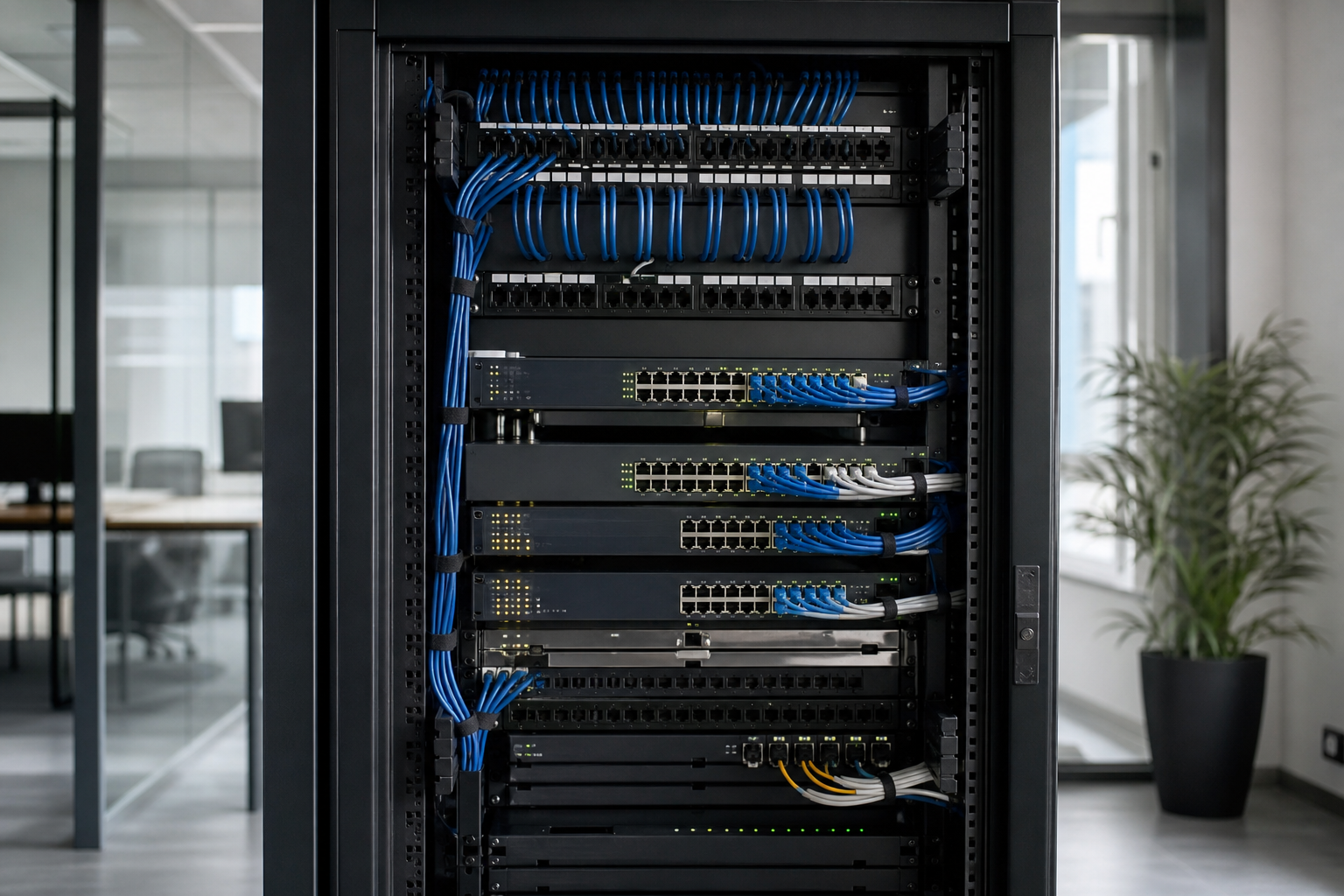 Baie réseau d’entreprise avec switches administrables, câblage structuré et analyse du réseau local dans un contexte PME