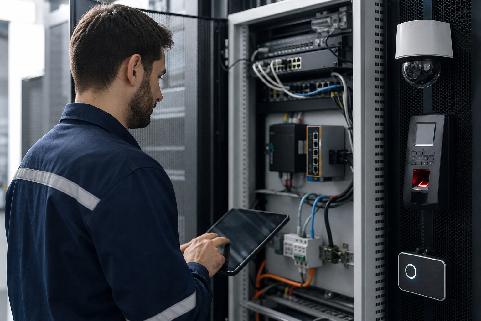 Technicien informatique réalisant l’inventaire et la supervision d’équipements réseau sur un site professionnel avec terminaux, caméras et routeur industriel