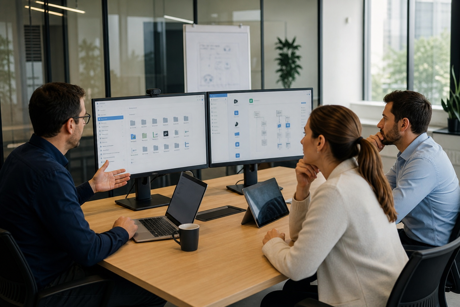 Équipe informatique analysant un environnement Microsoft 365 désorganisé avec Teams, SharePoint et droits d’accès dans une PME