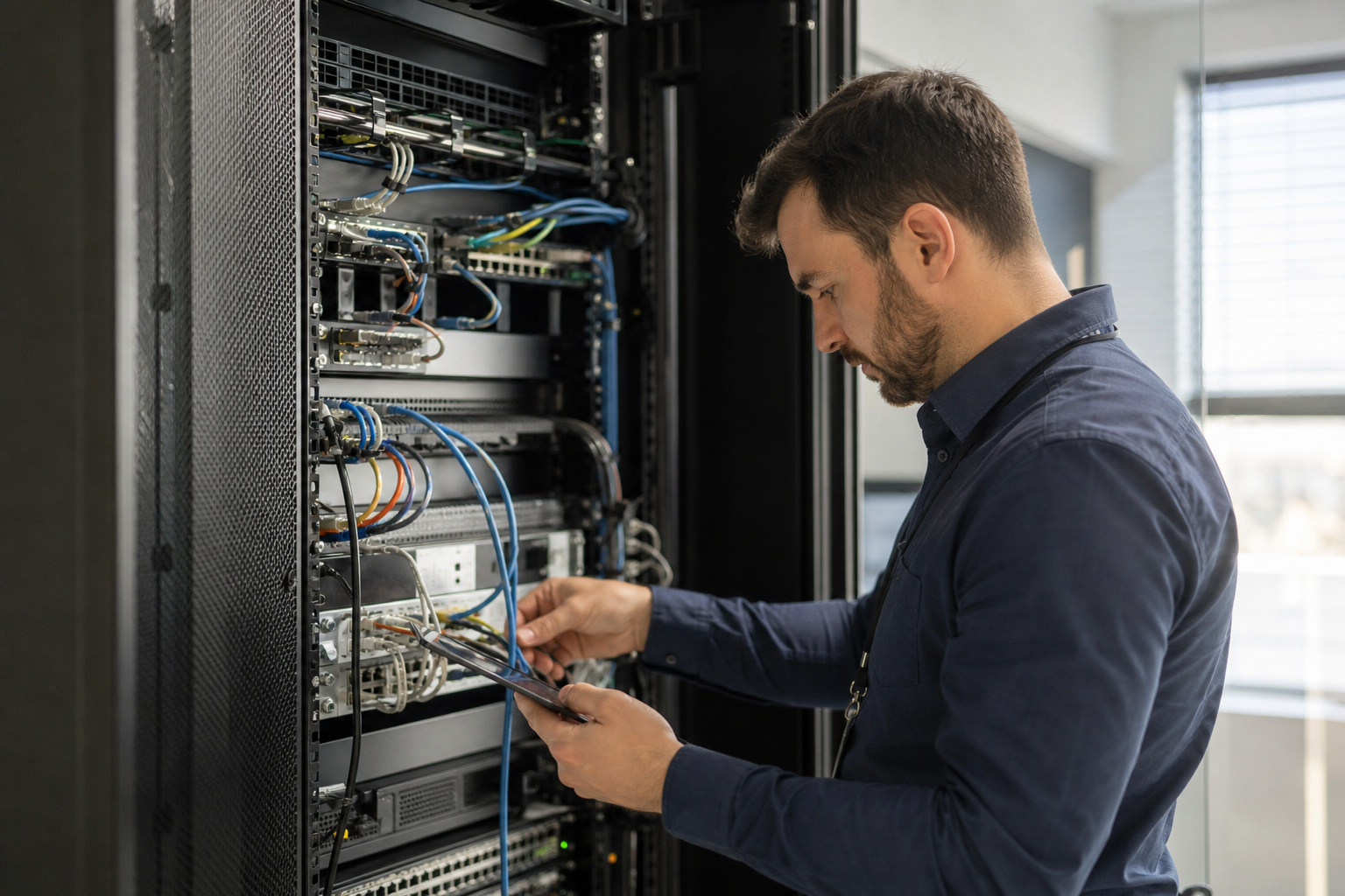 Technicien réseau en entreprise analysant une baie informatique et l’infrastructure liée à une migration de téléphonie IP dans une PME