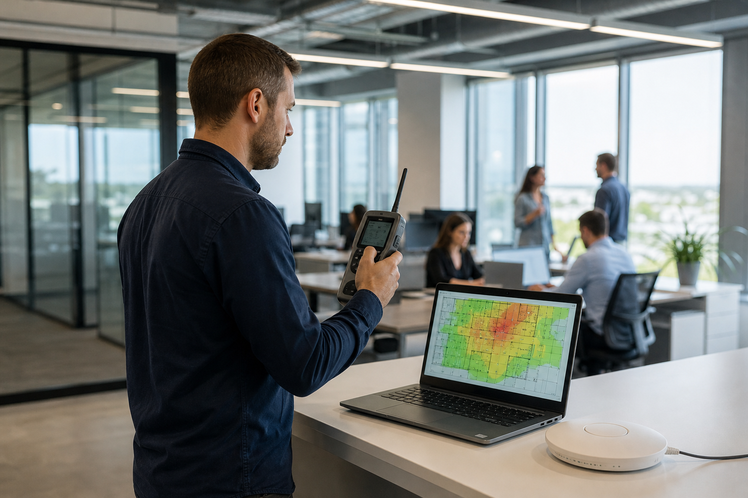 Technicien réalisant un audit WiFi d’entreprise dans des bureaux avec analyse radio sur ordinateur portable et mesure de couverture réseau