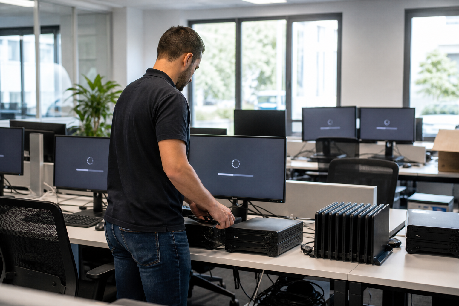 Technicien informatique en entreprise préparant des postes de travail standardisés et automatisant des tâches récurrentes de support IT dans une PME