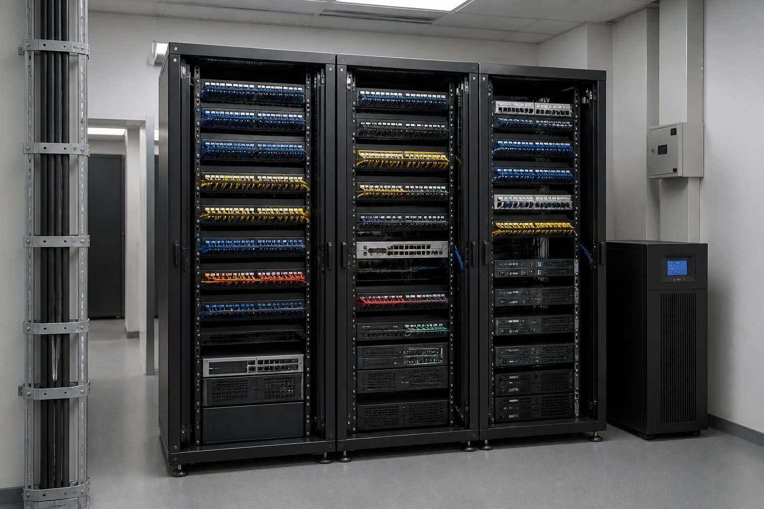 Baie informatique standardisée dans une entreprise multi-sites avec brassage réseau étiqueté, switches en rack et alimentation secourue