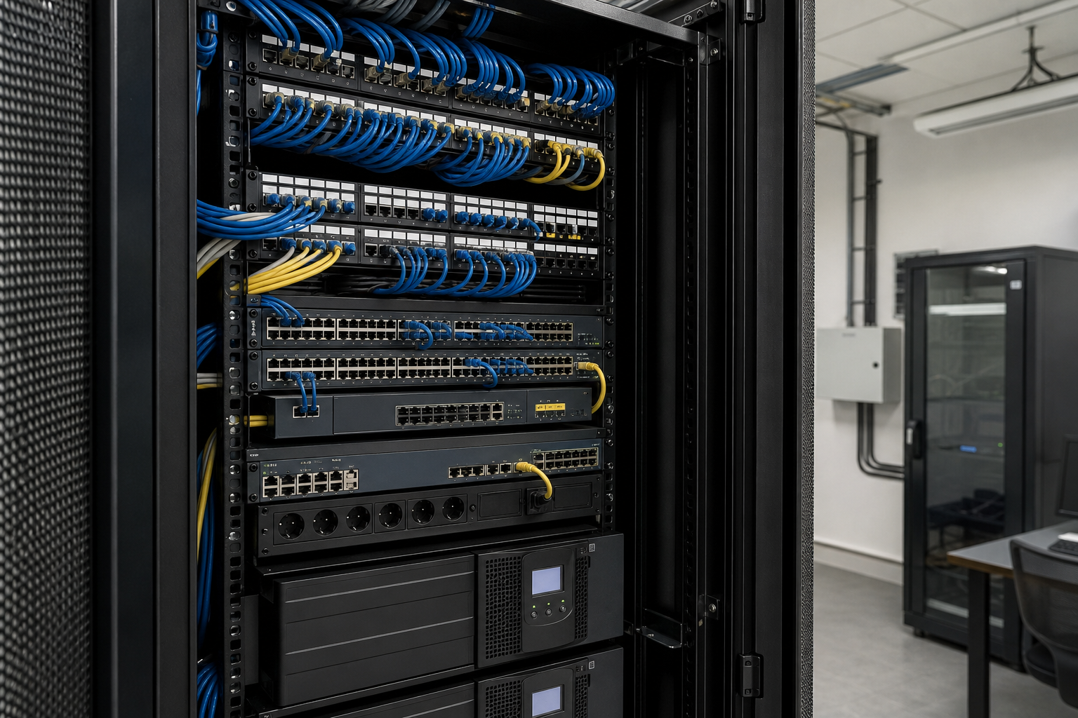 Baie informatique d’entreprise avec switchs, panneaux de brassage et câblage réseau correctement organisés dans un local technique professionnel