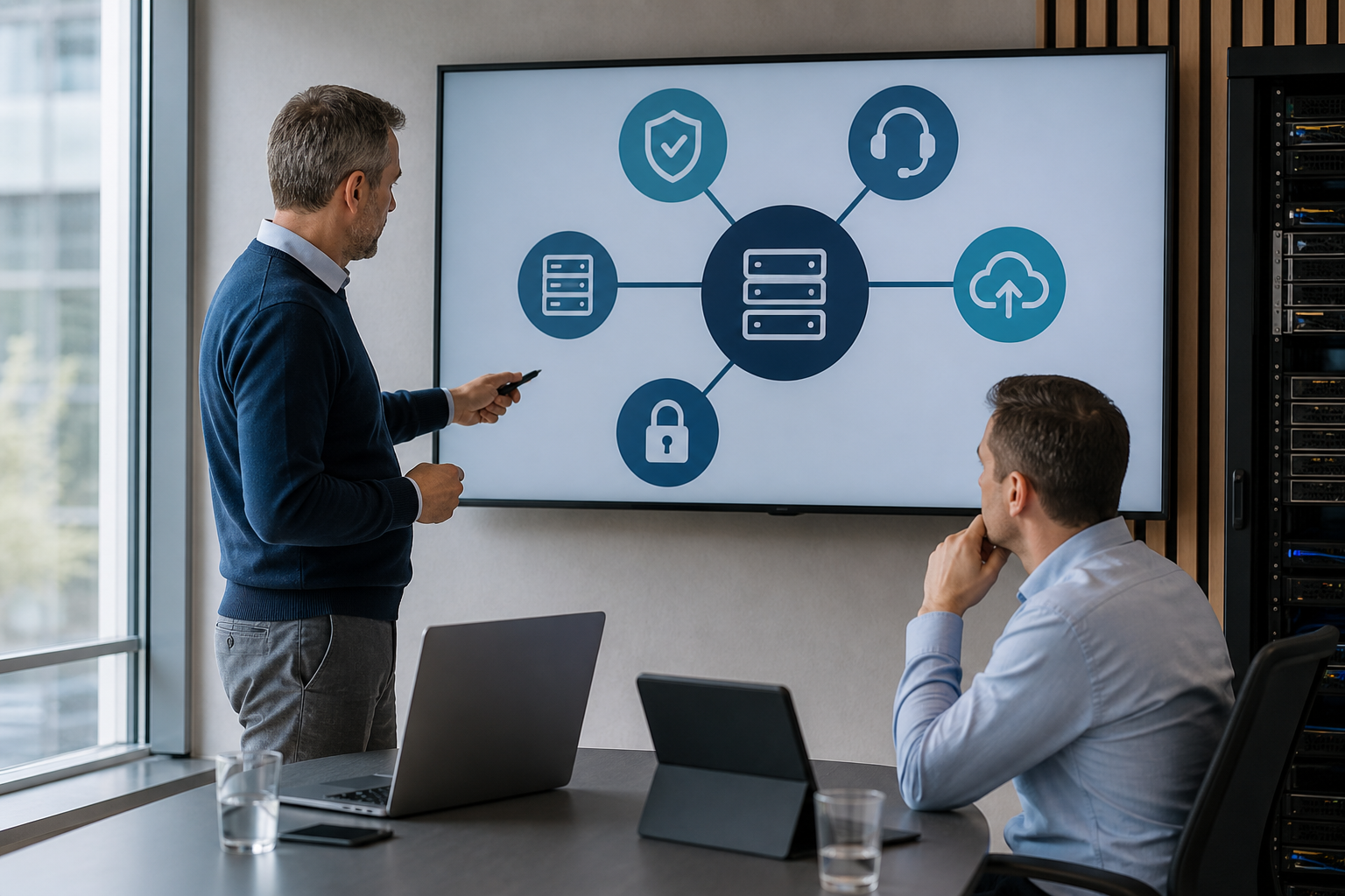Responsable informatique et dirigeant de PME analysant le périmètre d’un contrat d’infogérance devant un tableau de services, dans un environnement de bureau professionnel