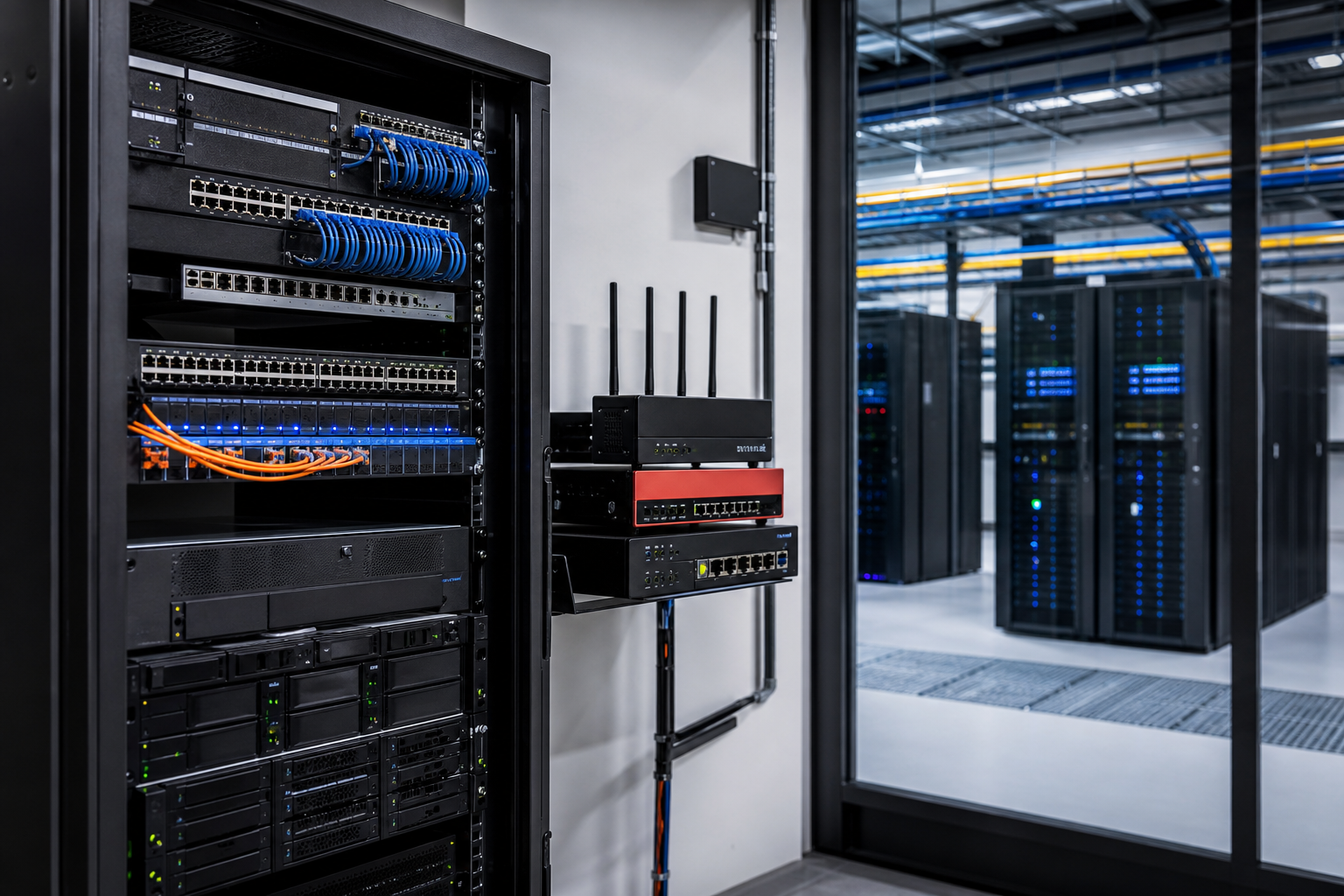 Infrastructure réseau d’entreprise avec serveurs, firewall et liaison multi-sites illustrant les éléments à documenter dans un système d’information