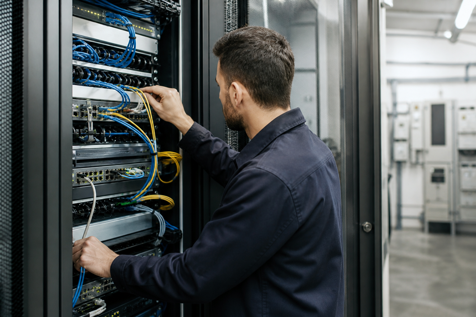 infrastructure réseau d’entreprise avec technicien vérifiant un routeur et des équipements connectés sur un site multisite ou industriel
