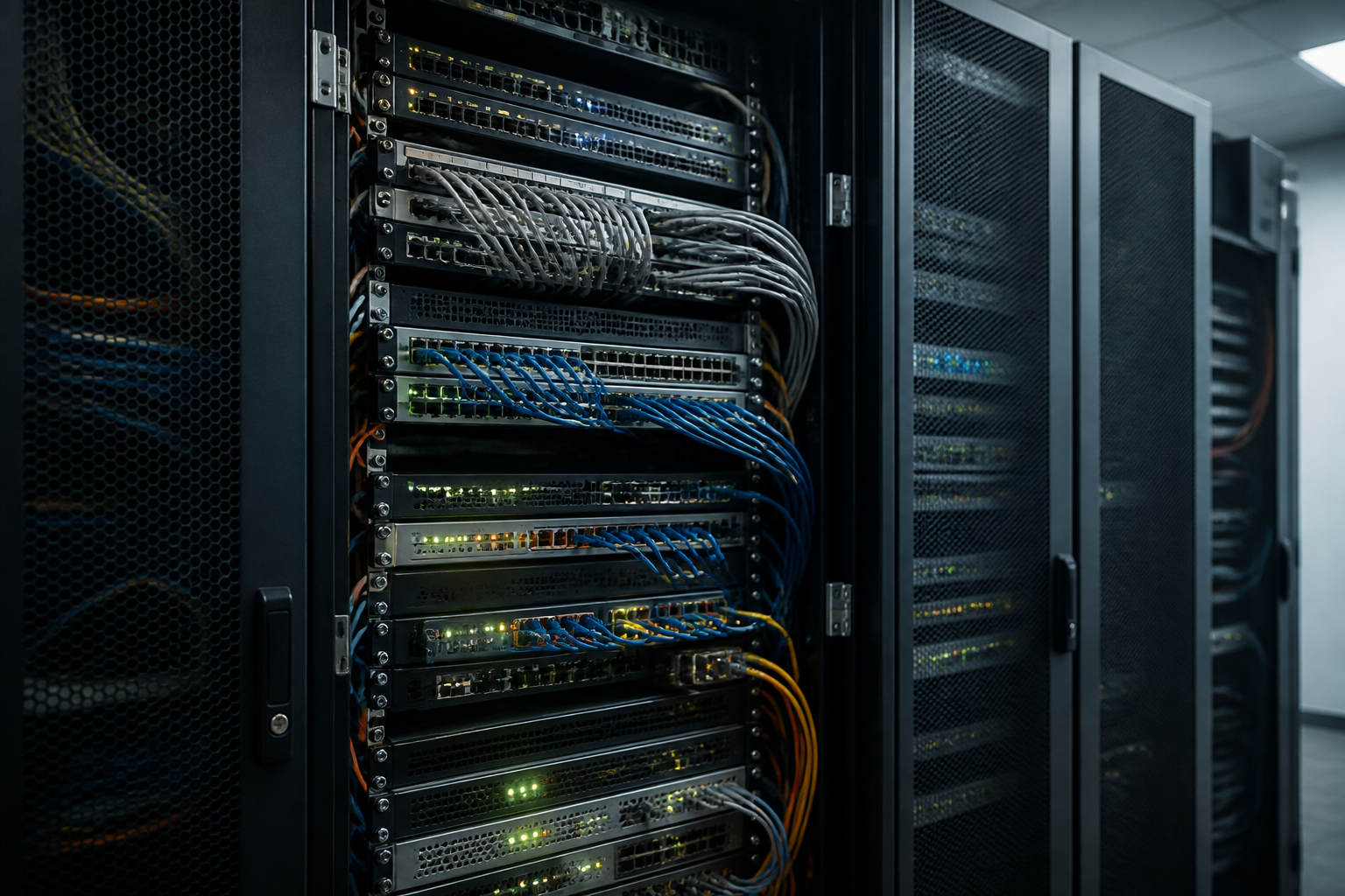 Baie réseau d’entreprise avec switchs, pare-feu et panneaux de brassage illustrant une infrastructure devenue complexe dans une PME multi-sites