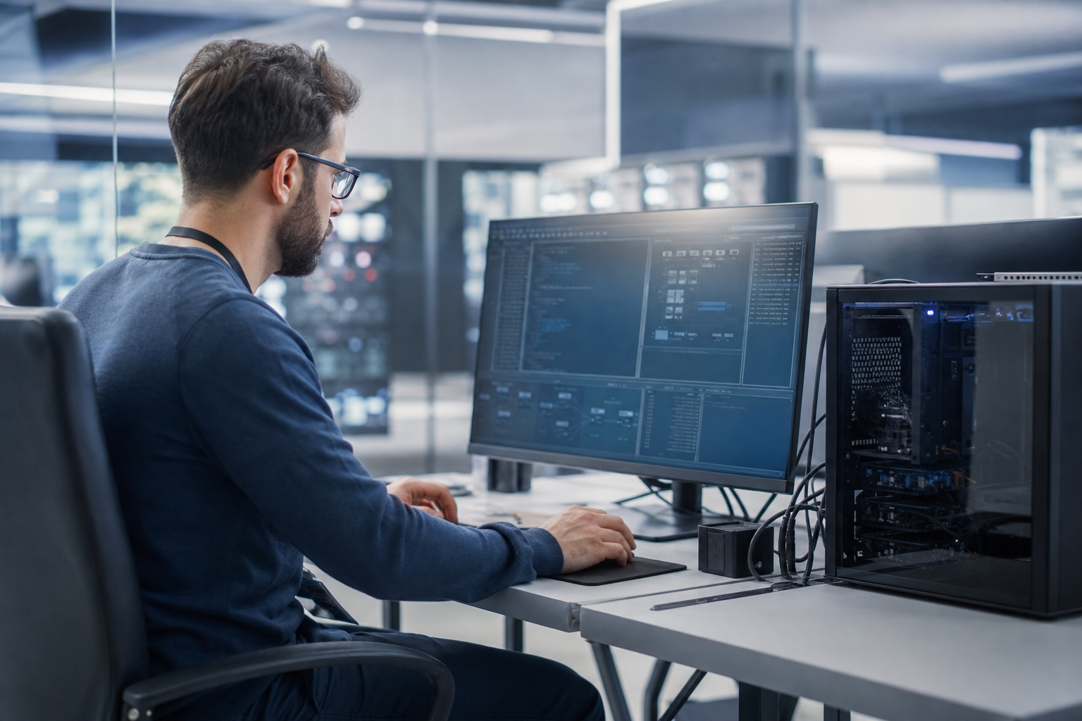 Technicien informatique configurant un poste partagé sécurisé avec gestion des droits, maintenance à distance et environnement multi-utilisateurs