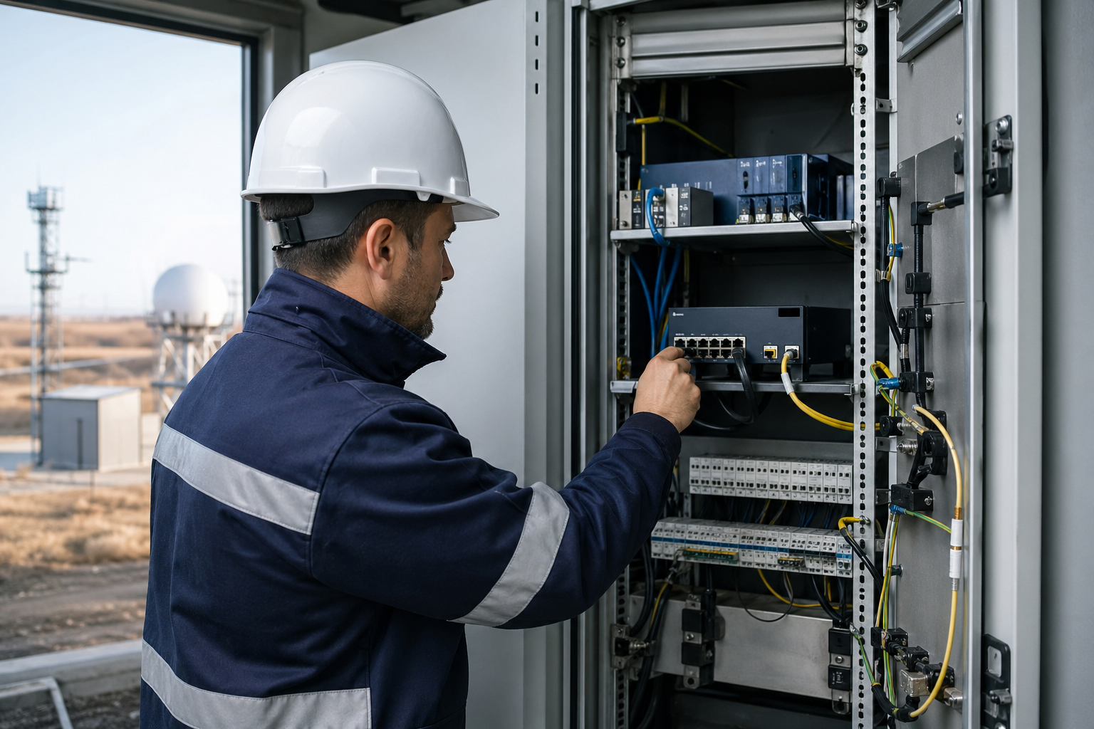 Technicien sur un site industriel distant analysant un routeur et une connectivité réseau instable pour la supervision et la maintenance à distance
