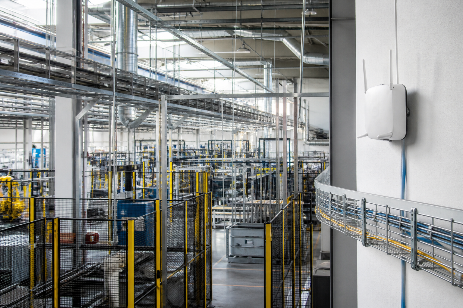 Infrastructure WiFi et réseau dans un atelier industriel avec bornes, racks métalliques et contraintes radio perturbant la connectivité