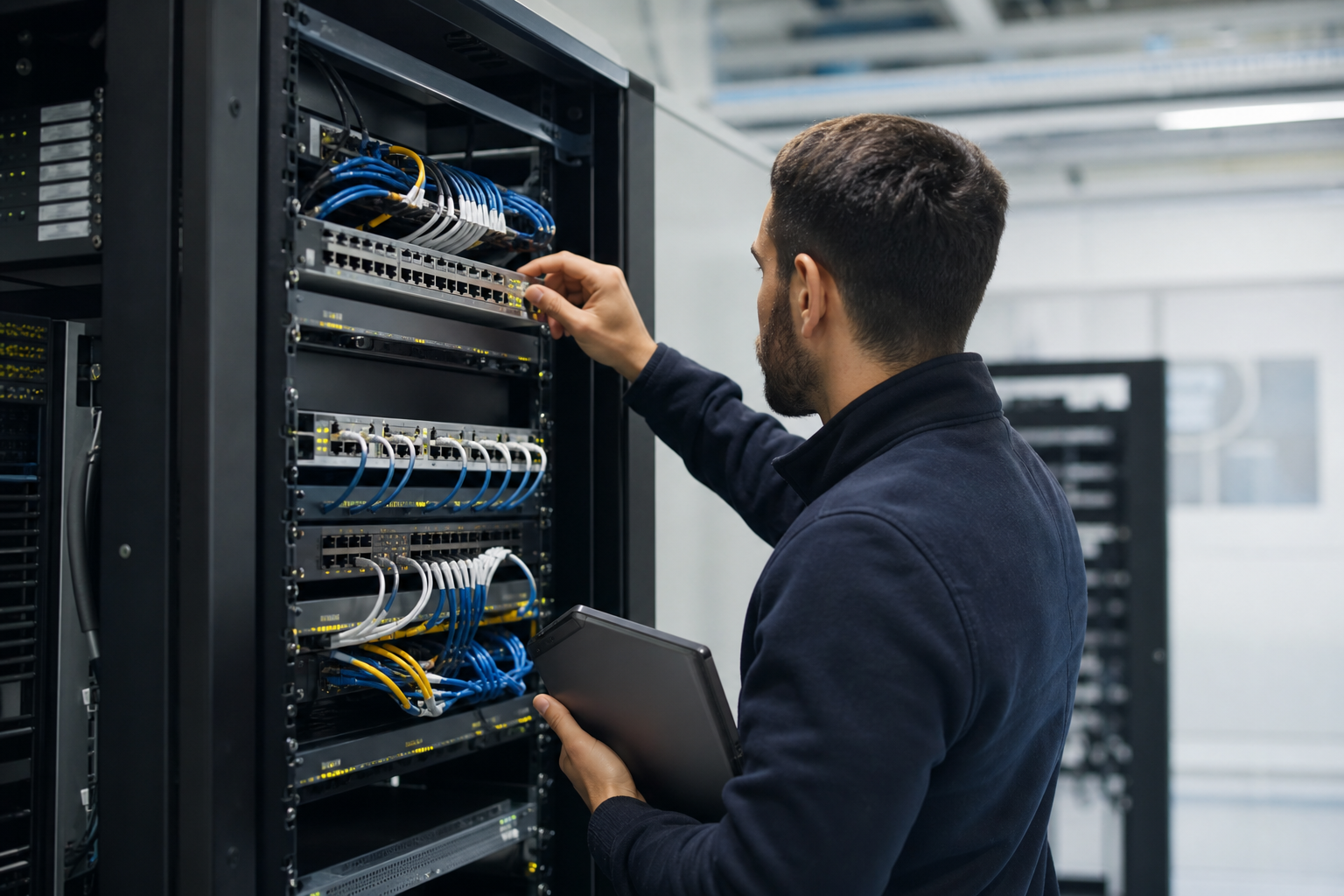 Technicien analysant un switch PoE et le brassage réseau pour préparer l’ajout de bornes WiFi et téléphones IP en entreprise
