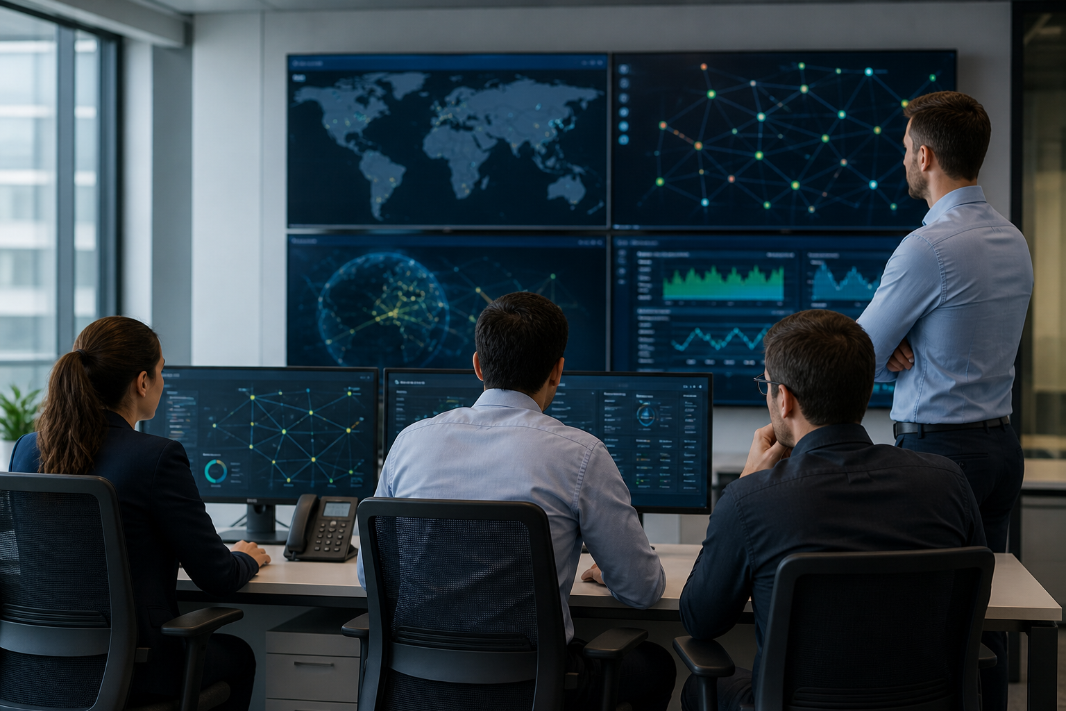 Équipe IT en entreprise analysant une panne transverse entre réseau, postes utilisateurs et télécom sur plusieurs écrans de supervision