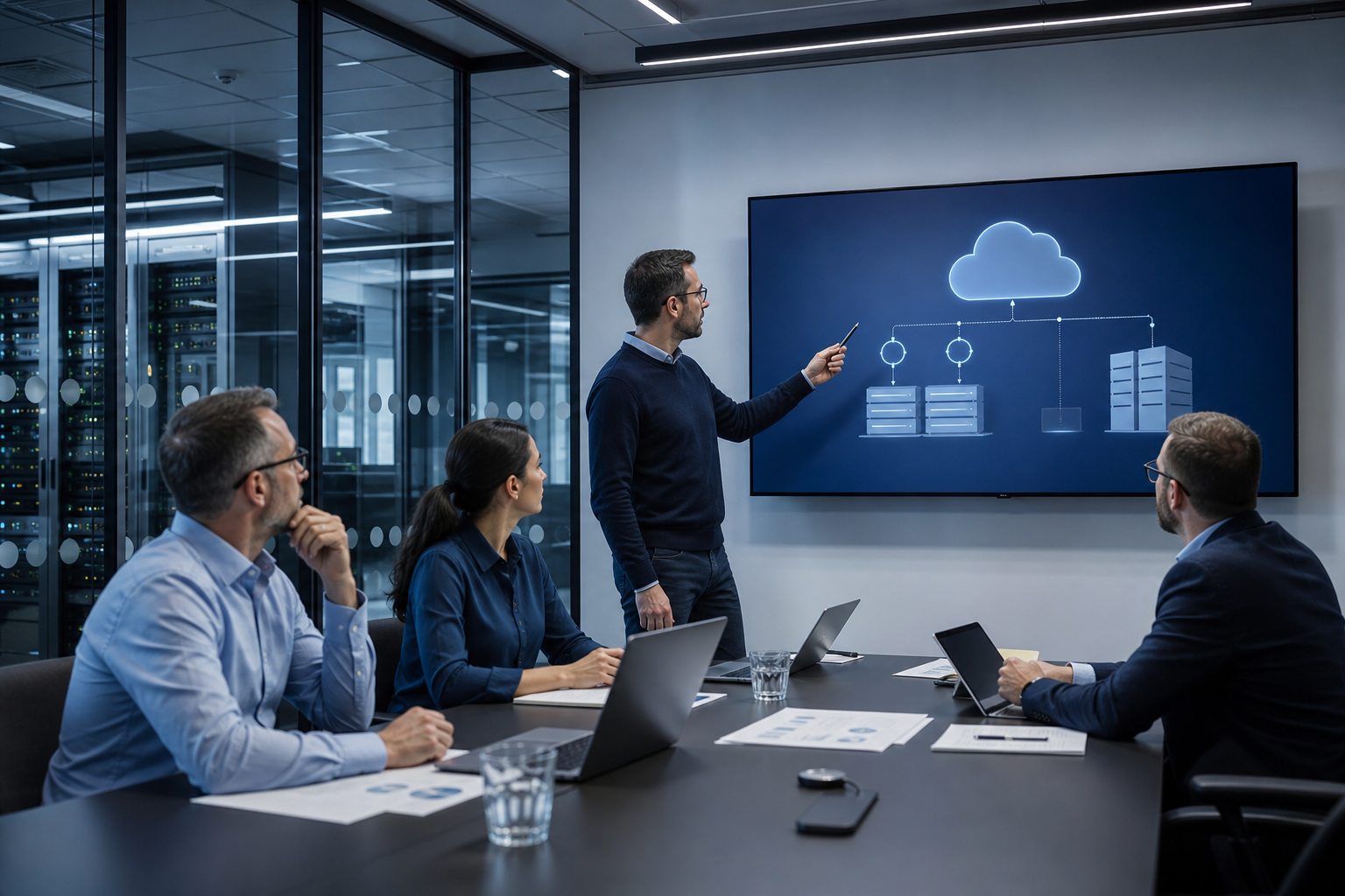 Réunion d’équipe informatique et direction autour d’un schéma d’architecture hybride combinant cloud, serveur local et accès multi-sites