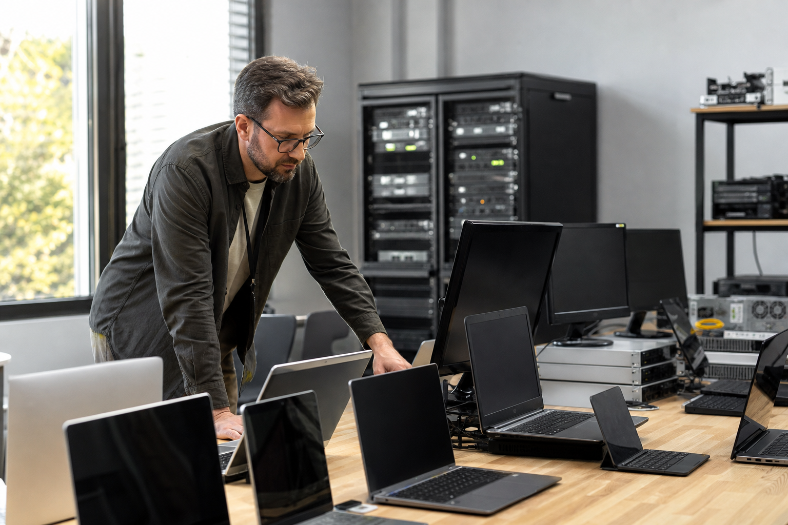 Technicien informatique réalisant un diagnostic de parc et arbitrant entre réparation ou remplacement de postes de travail en entreprise