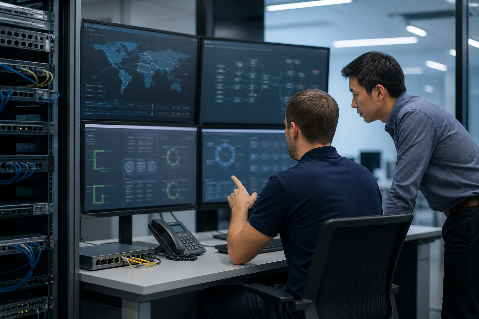 Technicien et responsable IT analysant un incident de téléphonie IP et WiFi dans un environnement multisite avec équipements réseau et supervision