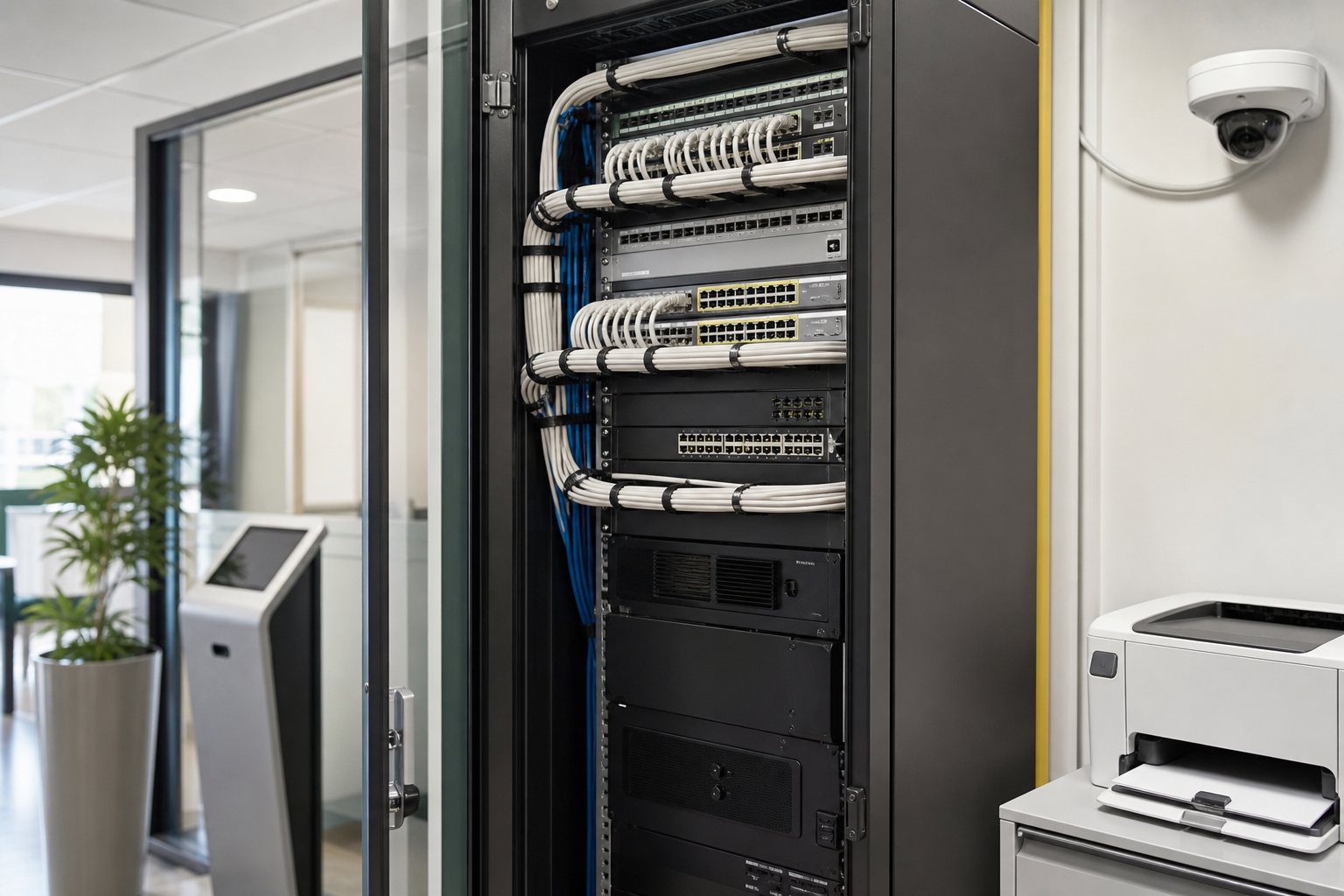 Baie réseau d’entreprise avec switch, brassage et plusieurs équipements connectés comme caméras IP, imprimantes et bornes sur un site professionnel