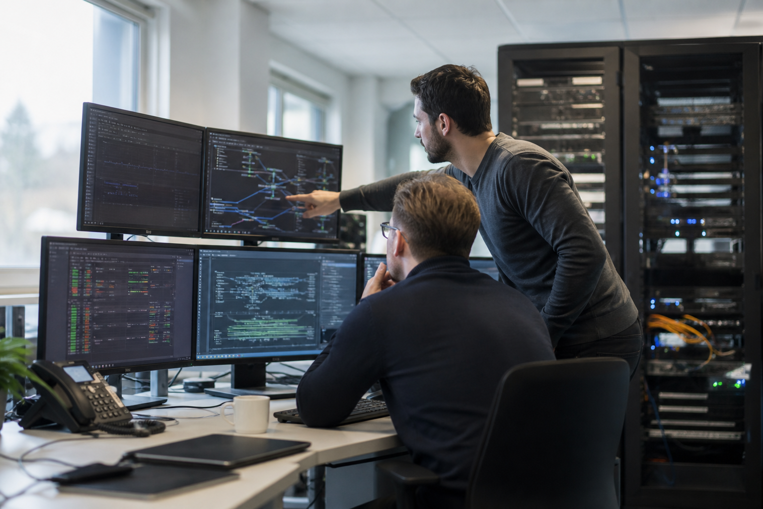 Technicien support et ingénieur réseau analysant un incident complexe sur plusieurs écrans dans un environnement PME multi-sites