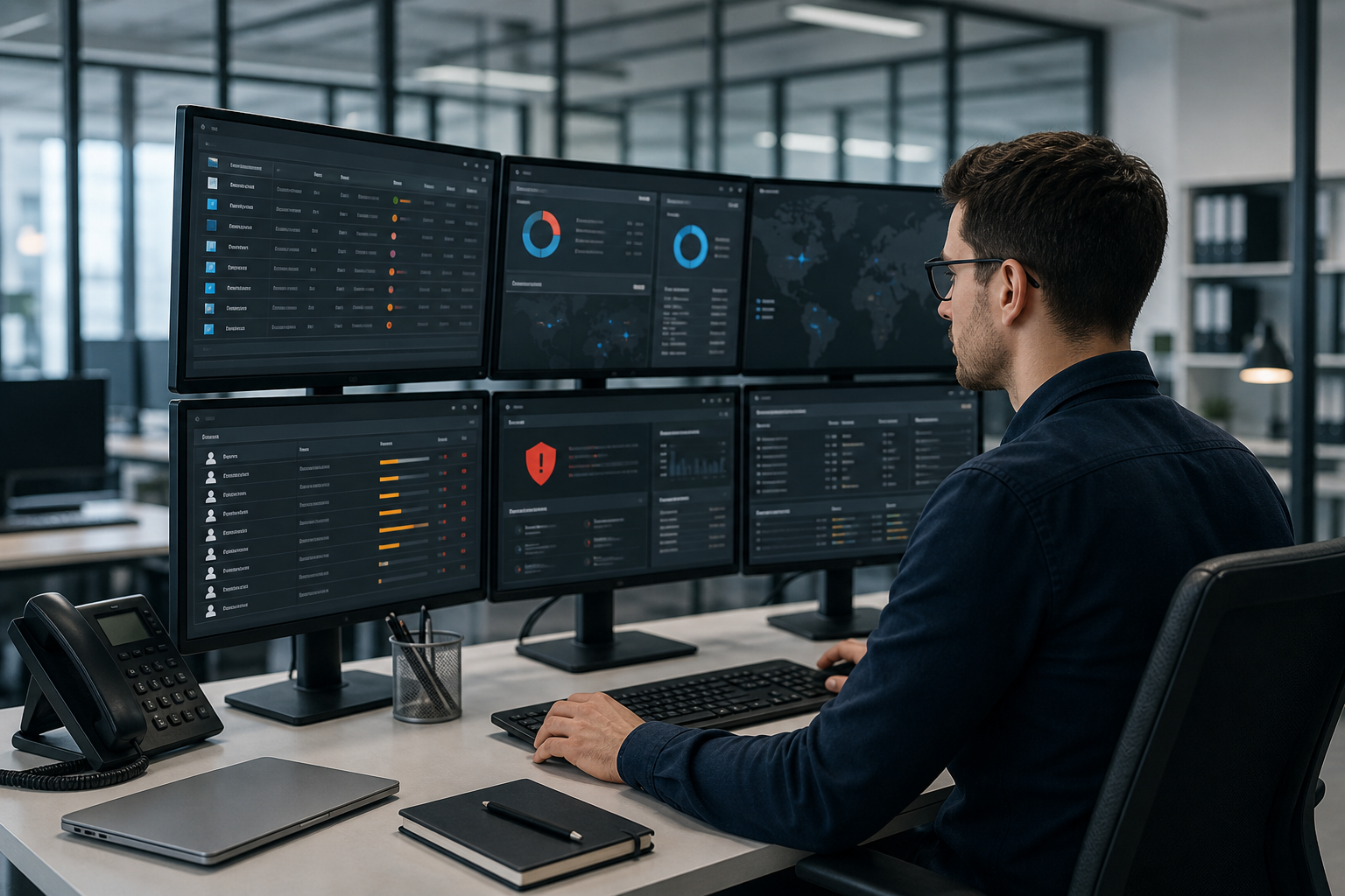 Poste de travail en entreprise avec tableau de gestion des droits administrateur local et supervision de la sécurité du parc informatique