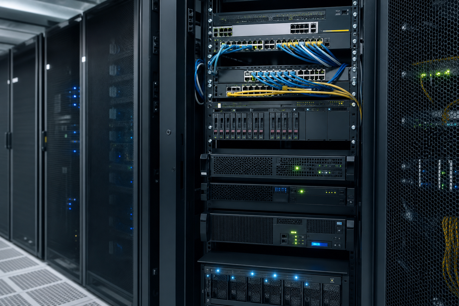 Baie réseau et serveur d’entreprise avec équipements supervisés, switchs, firewall et voyants d’activité dans un contexte de continuité informatique PME