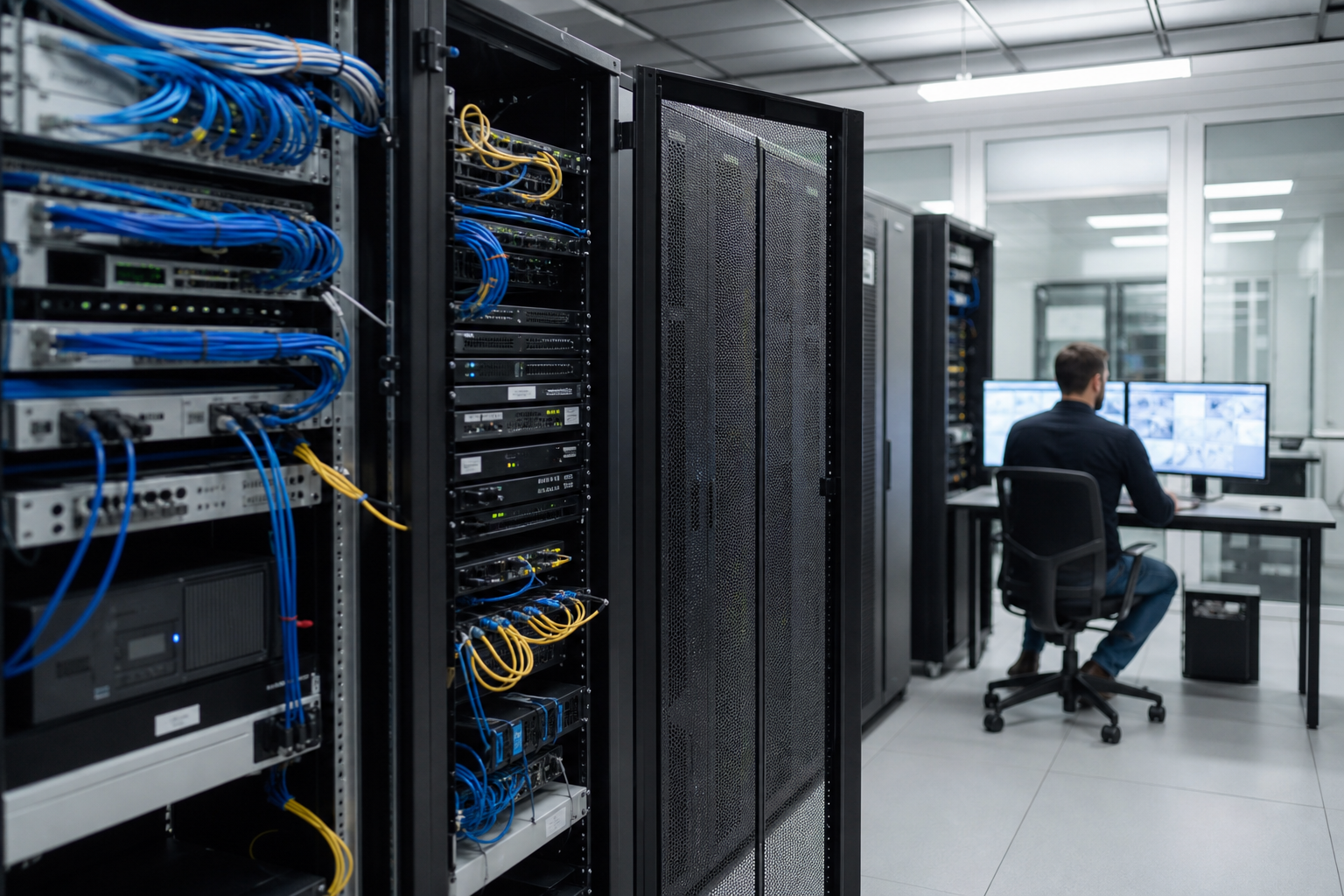 Salle serveur d’une PME avec baie informatique, équipements réseau et poste d’administration pour piloter une infrastructure locale ou hybride