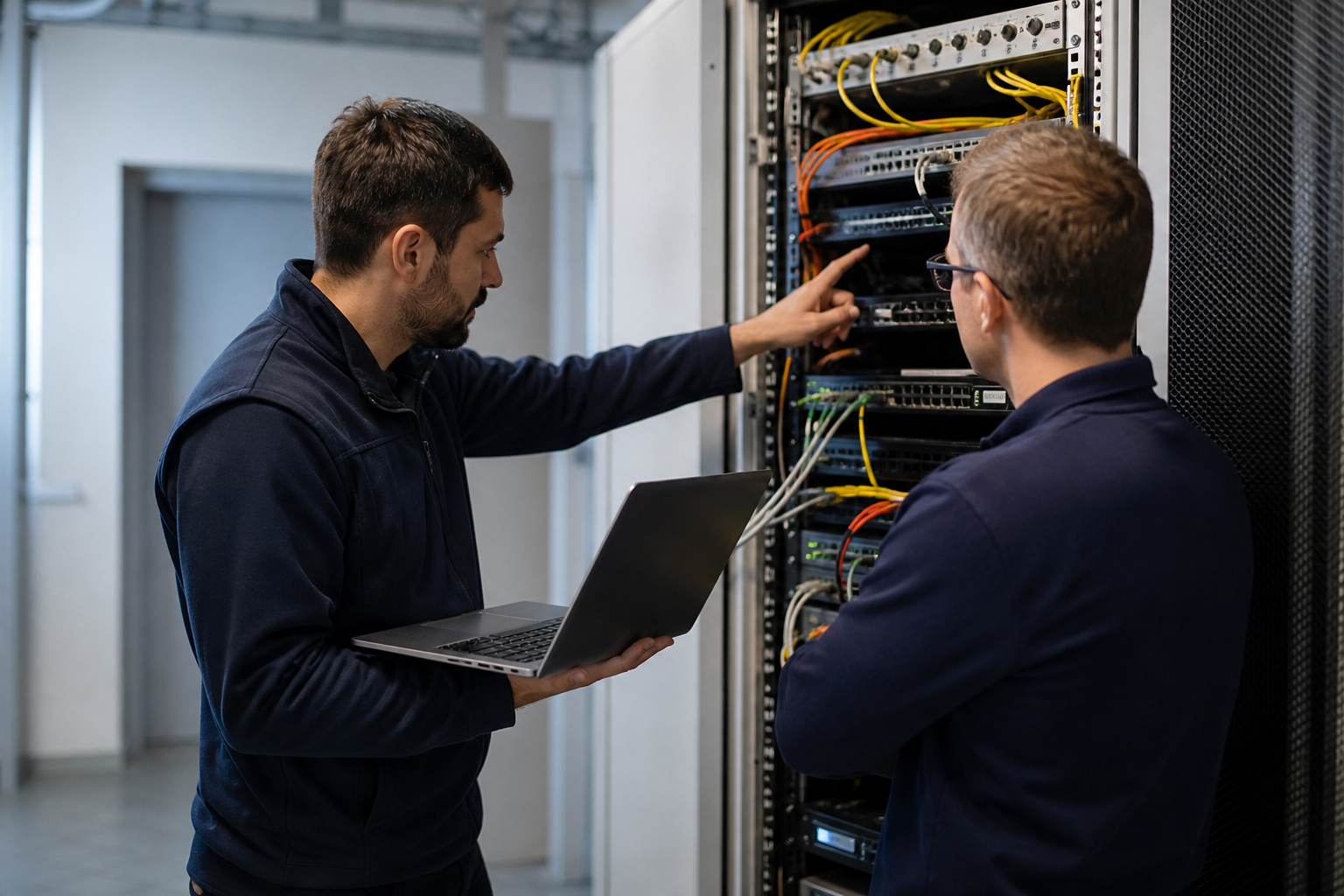 Technicien informatique et référent local sur un site distant analysant un incident réseau dans une baie informatique d’entreprise