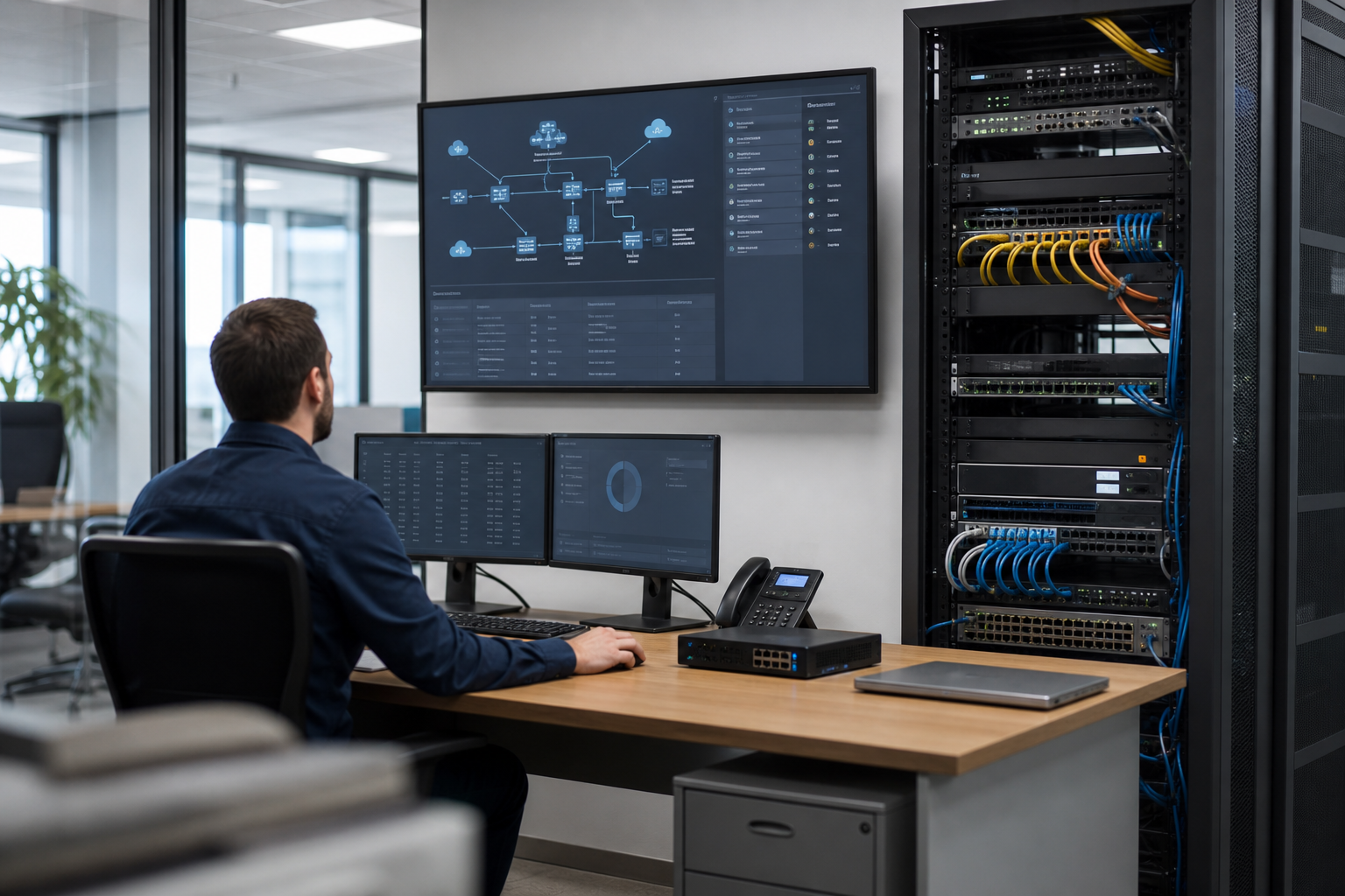 Technicien informatique en PME consultant un inventaire IT sur écran avec équipements réseau, postes et services cloud à cartographier