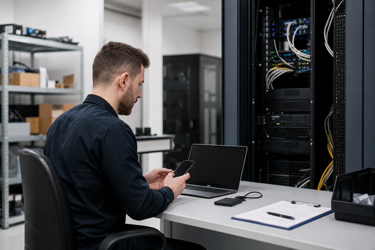 Technicien support vérifiant la désactivation de comptes et l’inventaire du matériel lors du départ d’un collaborateur sur un site technique