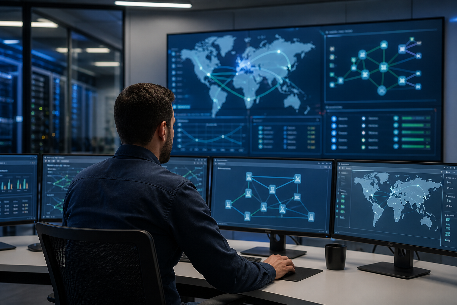Technicien réseau supervisant des connexions multi-sites et des équipements distants sur plusieurs écrans dans un contexte d’infogérance entreprise