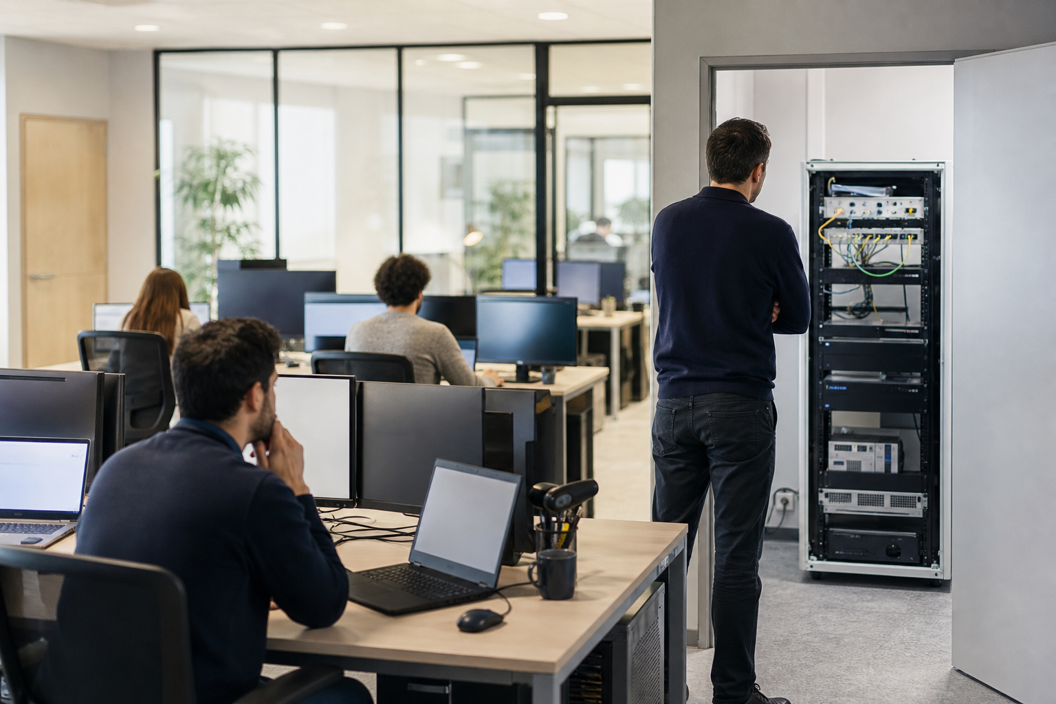 Parc informatique hétérogène en PME avec différents postes de travail, équipements réseau et interventions de support sur plusieurs configurations