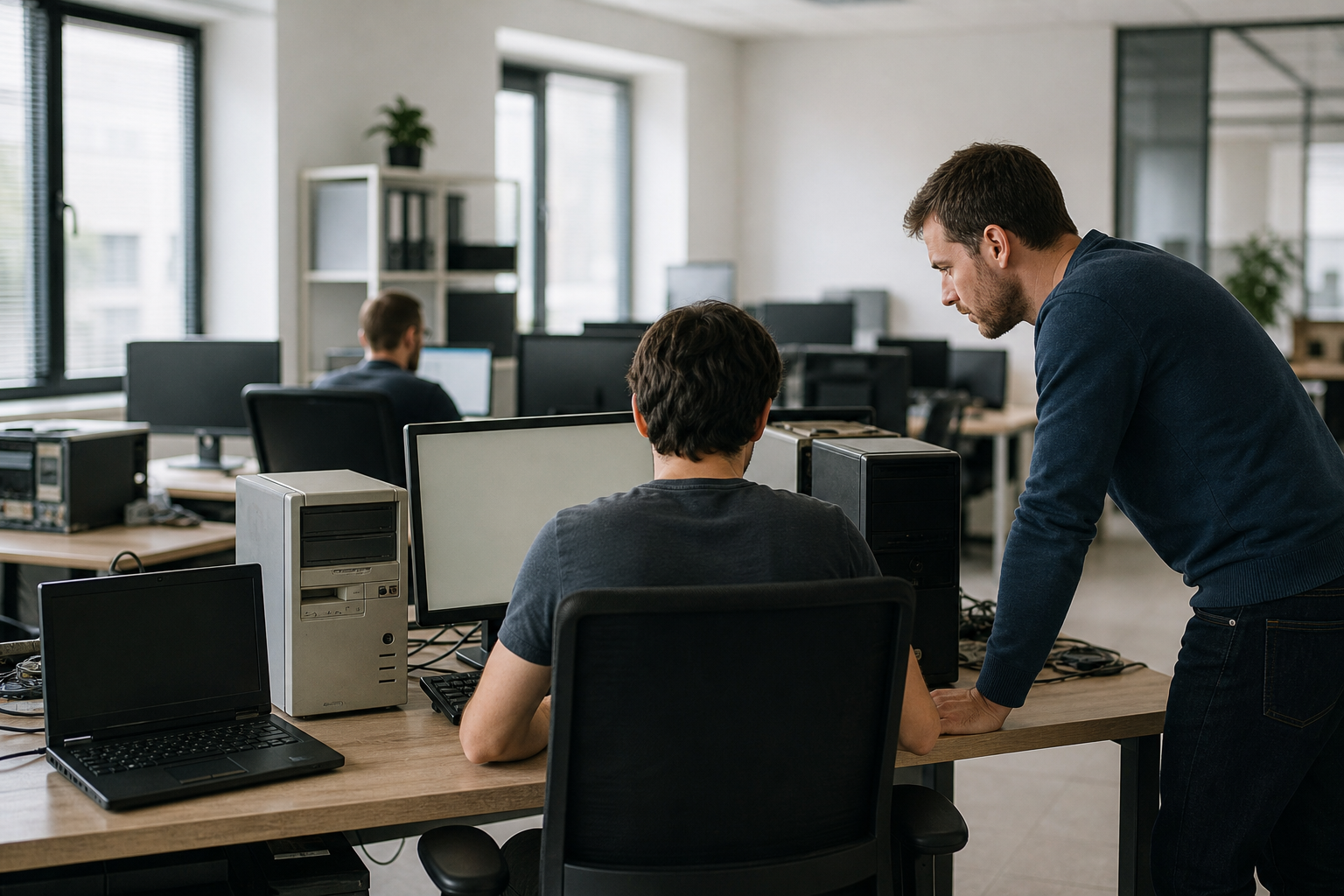 Parc informatique vieillissant dans une PME avec plusieurs postes de travail de bureau affichant des lenteurs et un environnement IT professionnel