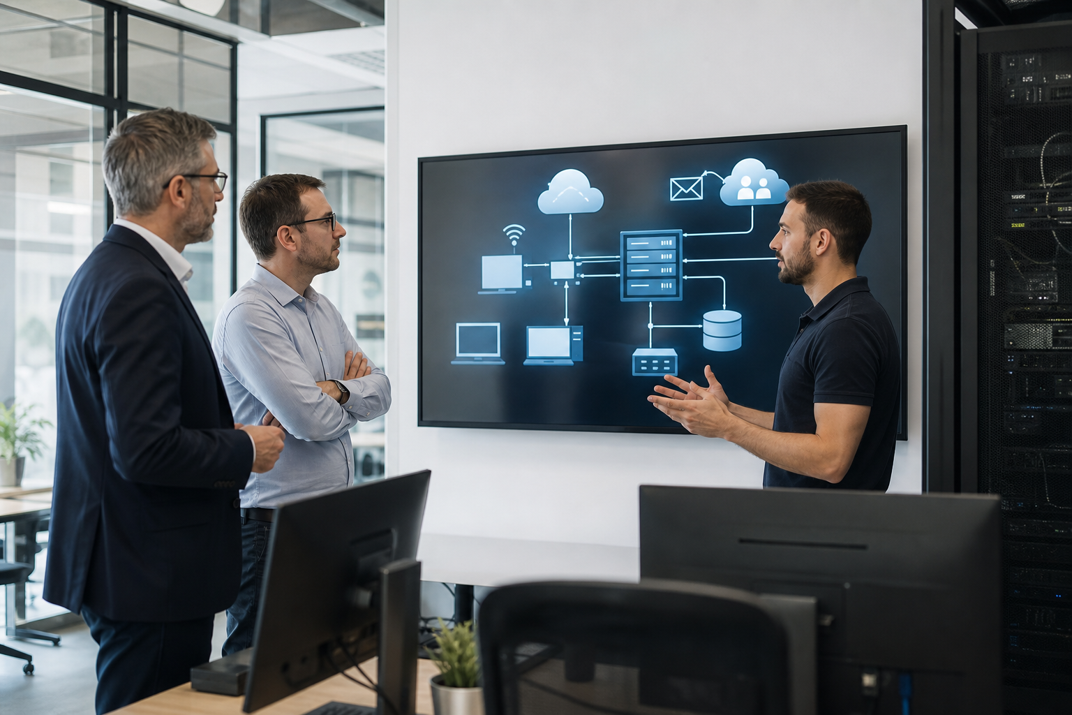 Responsable de PME et technicien IT analysant le périmètre de support sur plusieurs environnements : postes de travail, réseau, serveurs et Microsoft 365 dans un bureau professionnel