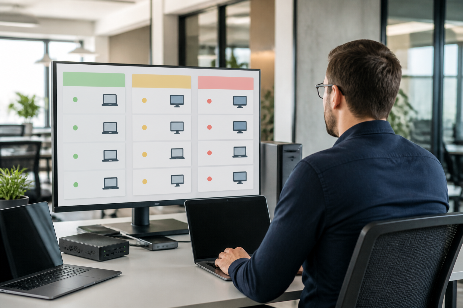 Responsable informatique PME analysant le cycle de renouvellement d’un parc de PC portables et fixes avec tableau de suivi des postes