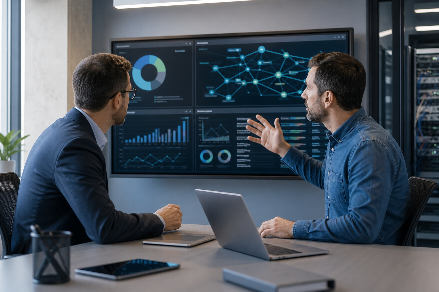 Responsable informatique et prestataire en réunion devant un tableau de pilotage du support informatique externalisé dans une PME multisite