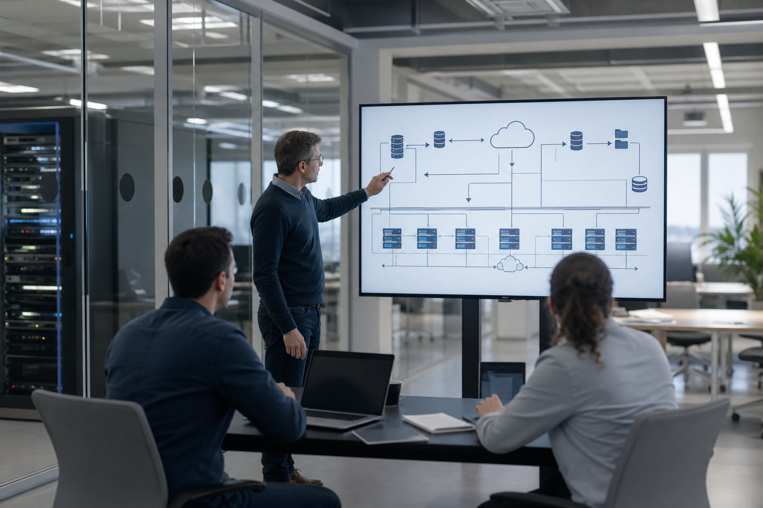 Responsable informatique PME analysant un plan de reprise d’activité sur un poste de travail avec schéma de serveurs, sauvegardes et priorités métiers