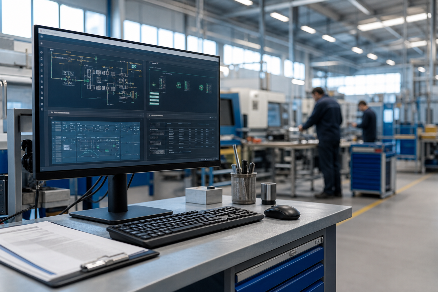 Poste informatique partagé utilisé en atelier industriel avec écran de supervision, accès restreint et environnement de production PME